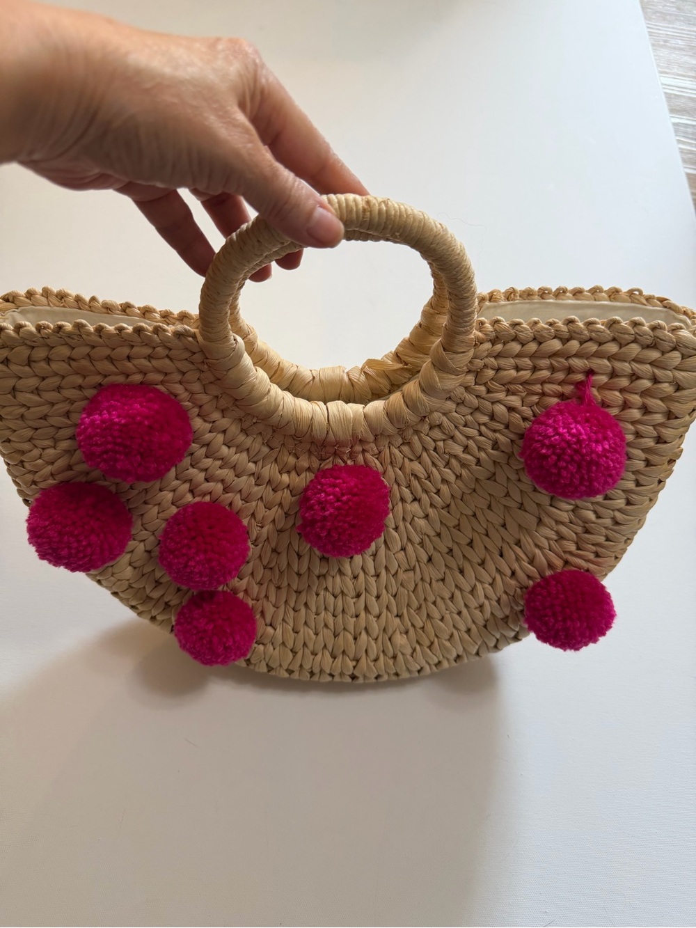 Xhilaration Straw Fuchsia Pom Pom Tote Bag